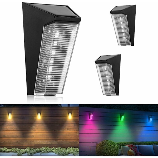 Solcellelamper Utendørs Vegglampe, 2 stk Vanntette Solcelledrevne Utendørs Vegglamper 5 Moduser RGB og Varmt Hvit Solhagelamper for Vegg Gjerde Patio