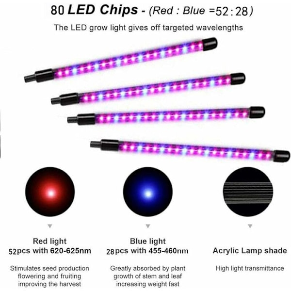LED-växtlampa med timerfunktion, 3 lägen, 9 ljusstyrkor, 360° justerbar för inomhusväxter, hydroponik, växthusodling (40W fyrhuvud)