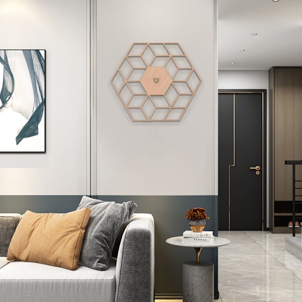 1 stk. Hexagon Vægur i Træ Avanceret Europæisk Minimalistisk Geometriske Linjer Forfinet Kunstnerisk Lydløs til Cafe Hjem