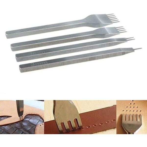 4 stk. 3mm Læderværktøjsæt, Hulstans DIY Læderhåndværk Klo Punch Hul Syning Diamant Snøring 1+2+4+6 Tands Snøring Perforer Syværktøjer