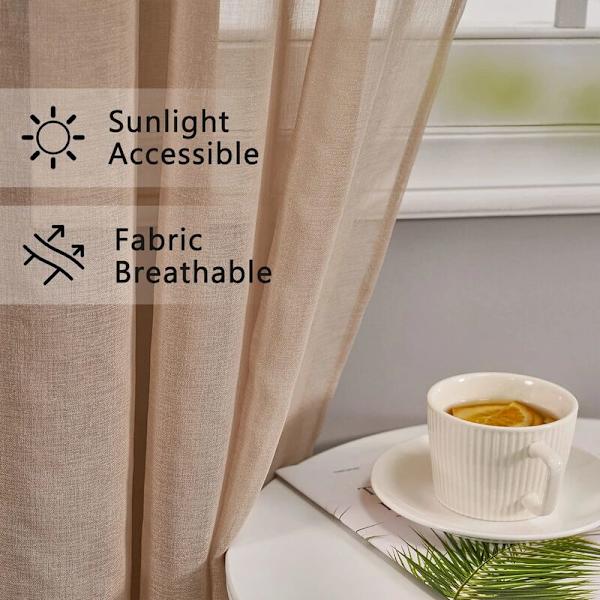 Sæt med 2 Khaki Sheer Gardiner i Linneffekt - Øjebladsgardiner Soveværelsesdekoration Halvgennemsigtig til Stue Køkken Gardin 140x145cm (Bredde x Højde)