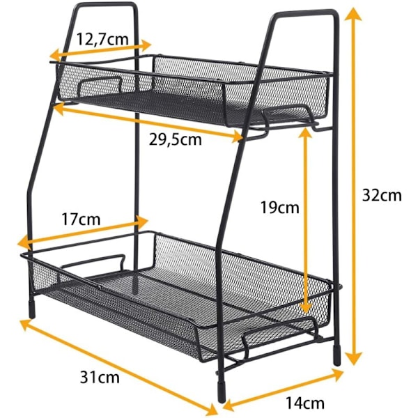 Kjøkkenkrydderstativ, Oppbevaringshylle, Kjøkkenorganisator, Krydderstativ for arbeidsstasjon, Vertikal hylle for kjøkkenskap, Bad, Svart (2 nivåer)