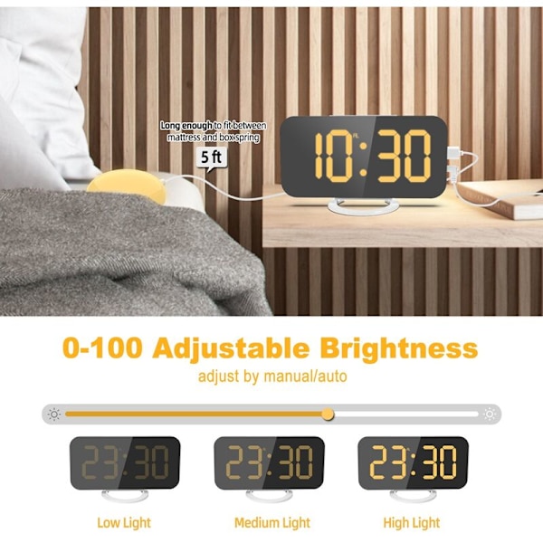 Kraftfull digital väckarklocka för vuxna tunga sovare med sängvibrator, 2 USB-laddare, justerbar LED-lampa, snooze, alarm