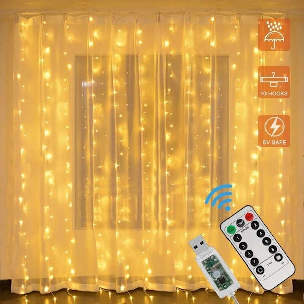 LED lysgardin, 3 m x 2 m, 200 LED, USB, 8 moduser med fjernkontroll, lysende julekrans for soverom, interiørdekorasjon, utendørs, fest, bryllup