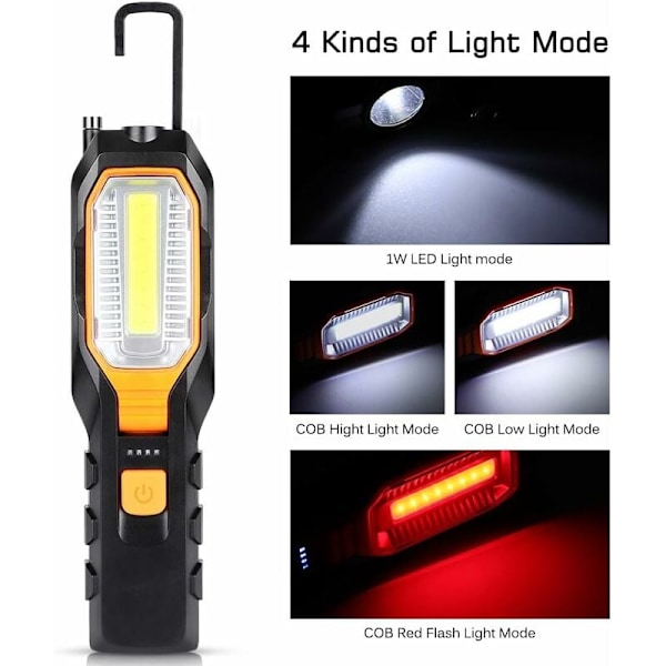 LED-arbetslampa för verkstad, magnetisk COB-inspektionslampa med 4 ljuslägen, laddningsbar campinglampa med 80/280 lumen för bil, reparation, garage