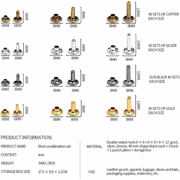Lädernit 480 Set 3 Storlekar Dubbla Nit Metallrörnit med 3 st Fästverktyg och Stans Tång för DIY Läderhantverk Ersättningsnit