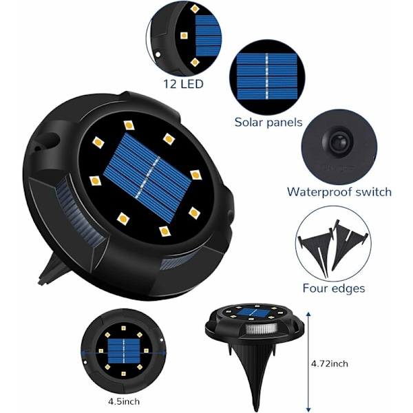 Solcellslampa för utomhus 4 st 12 LED 7 färger Solcellslampor för trädgård Inbyggd spotlight med stor solpanel Vattentät IP65 Solcellsmarklampor för gångvägar