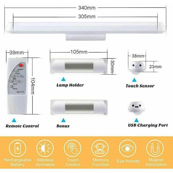 Lysstripe og spotlight for kjøkken og møbler, LED-dimbar skaplampe 34 cm med fjernkontroll, berøring og oppladbart vegglys, justerbar vinkel