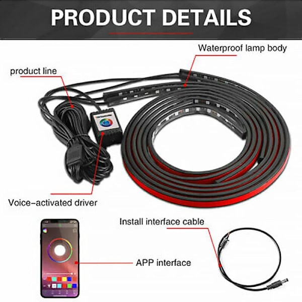4 stk. Bil Under Glow Fleksibel Strip APP Kontrol RGB LED Chassis Lys