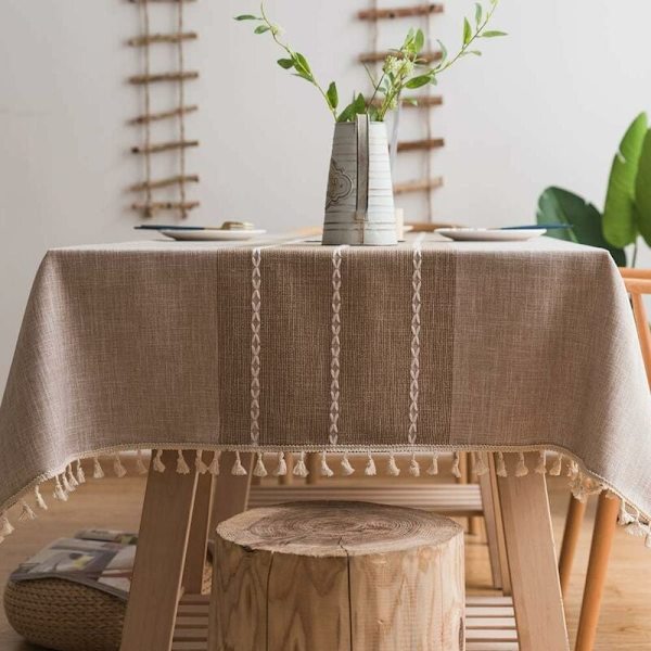 Robust Bomulds-Linned Dug til Rektangulære Borde Dug med Solid Trellis-Broderi til Køkken Spisebord Dekoration. (140 x 300 cm, K