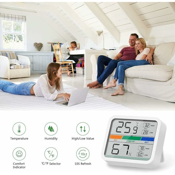 Mini Indendørs Termometer Digital Hygrometer Temperatur- og Luftfugtighedsmåler med ℉ / ℃ Konvertering af Maksimal og Minimal Temperatur og Luftfugtighed (W