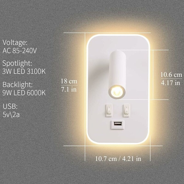 LED Vægskinne, Sengeborde Læselys med Afbryder, USB Opladningsport, Soveværelse Stemningsbelysning Justerbar Spotlys (3W 3000K + 9W 6000K) - Hvid