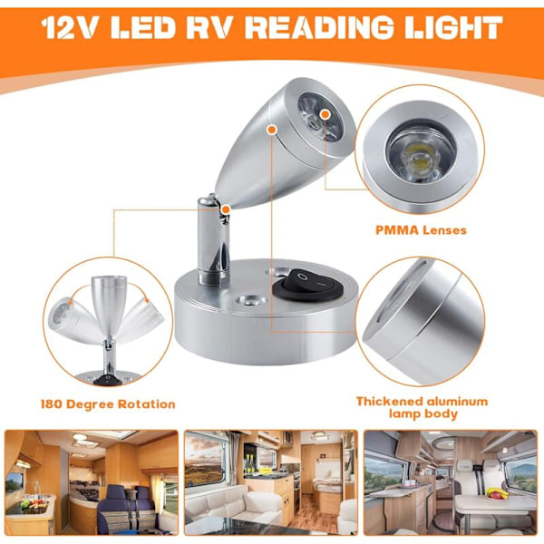 2 stk. LED Spotlæselamper 12V Justerbar Kontakt Vægsengslampe Motorhome Indvendig Lys 6000k Hvid til Motorhome Caravan Van Båd
