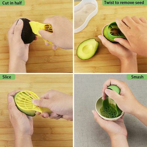Avocado Slicer 6 i 2 Funktioner Køkkenredskab Opbevaringsbeholder Sæt, Avocado Cutter med Grøn Frugt Grøntsagsskræller Hakker