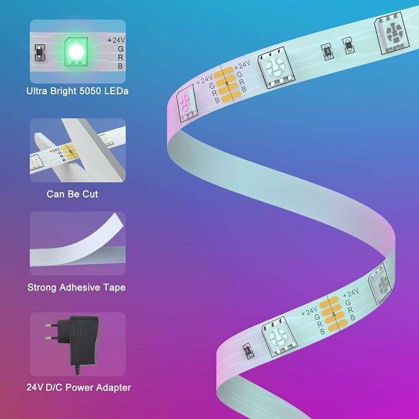 20m RGB LED-stribe, Dæmpbar Bluetooth LED-lysstribe med App-styring, 44-knaps fjernbetjening, Timerindstilling, Musiktilstand, 24V LED til stue