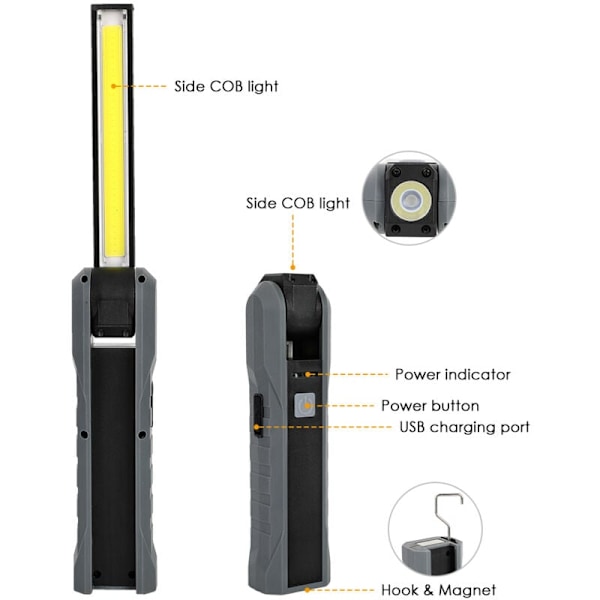 Gave til menn, Ladbar lommelykt Arbeidslys COB Lommelykt Verkstedlampe med magnetisk base 4 moduser Campinglampe for garasje, camping, nødsituasjoner, etc