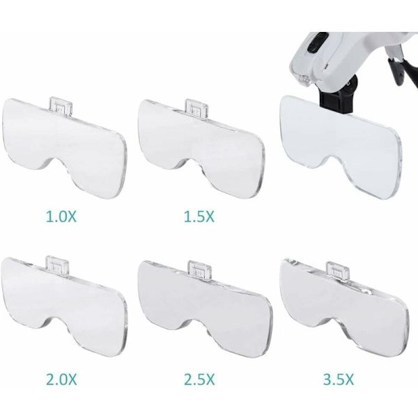 Suurennuslasit 2 LED-valolla, 5 linssiä, Suurennuslasit 1.0X, 1.5X, 2.0X, 2.5X, 3.5X tarkkuustyöhön, kellotaiteilijalle, valaistukseen, kirjontaan, lukemiseen
