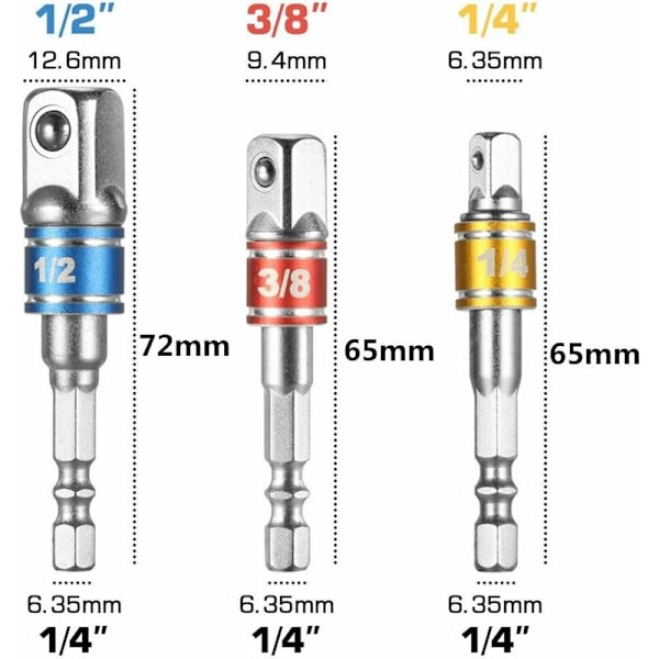 3 kpl 1/4\" 3/8\" 1/2\" kuusiokoloadapteria - Sovitin - Hylsyavain - Hylsyavain - Pään jatkeliitossetti värillisillä nauhoilla
