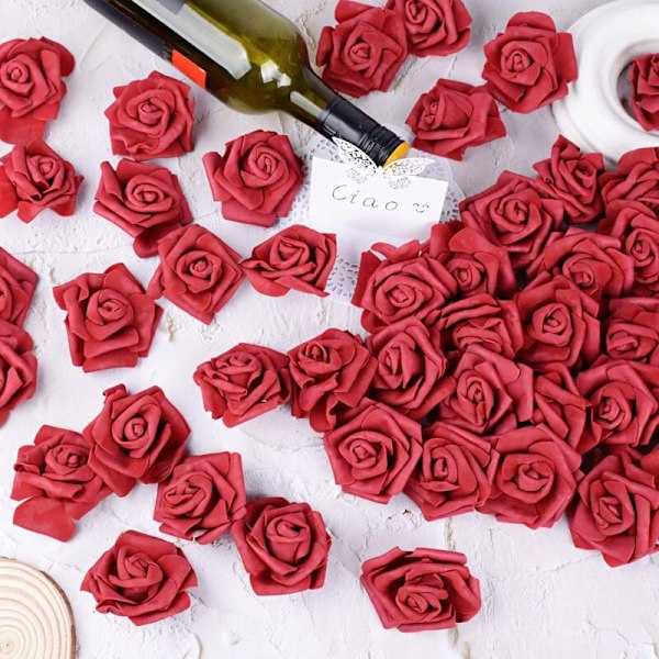 100 stk Kunstige Røde Roser 7cm Blomst Valentinsdag Blomst Hodepynt Allehelgensdag Bursdag Bryllup Fest Seremoni Hårtilbehør (Vinrød)