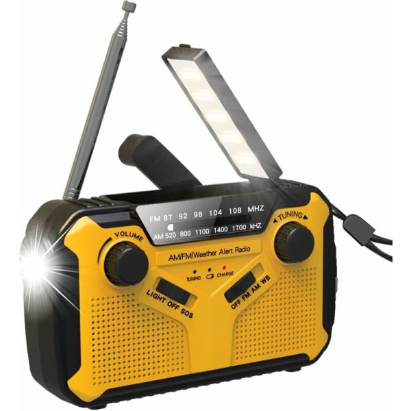 Kannettava FM/AM(MW)/ WBA-radio, käsikampi/akku ja verkkovirta/aurinkotransistoriradio, sääradion hätälaite LED-taskulamolla ja puhelincha