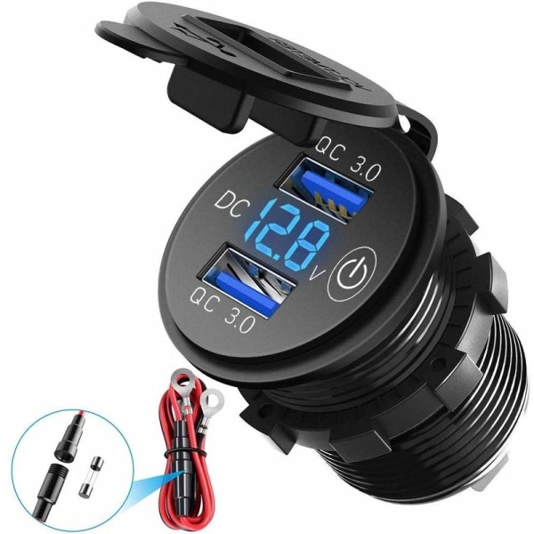Motorcykel Dobbelt USB Biloplader/QC3.0 Vandtæt, 12V/24V/36W USB Oplader Stik, med LED Digital Voltmeter og Afbryder, til Biler, ATV, Bus(Blå)