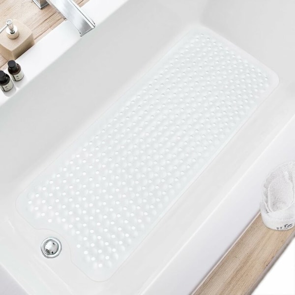 Large Upgraded Bath Mat - Non-Slip Bathtub and Shower Mat - 40 x 16 Inch Long Bathtub Floor Mat with Suction Cups, Drainage Holes, White