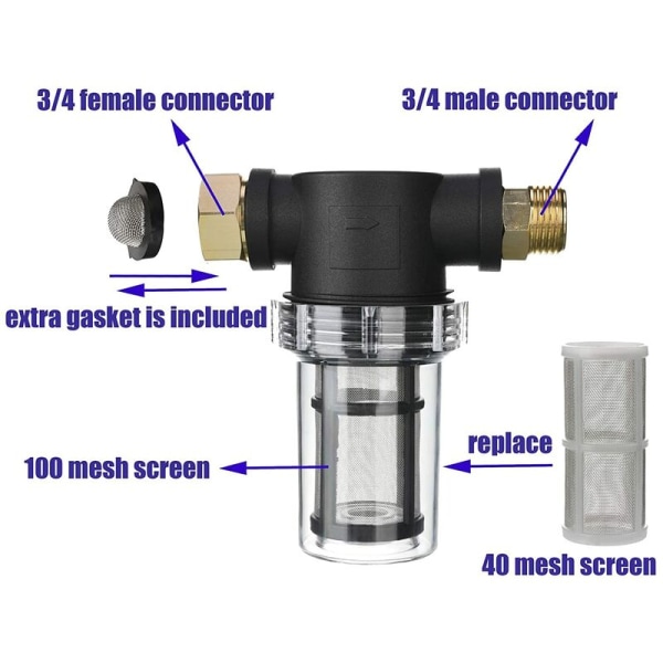 Haveslangefilter til højtryksrenser vandindløb, inline sedimentfilter, 40 mesh si, ekstra 100 mesh