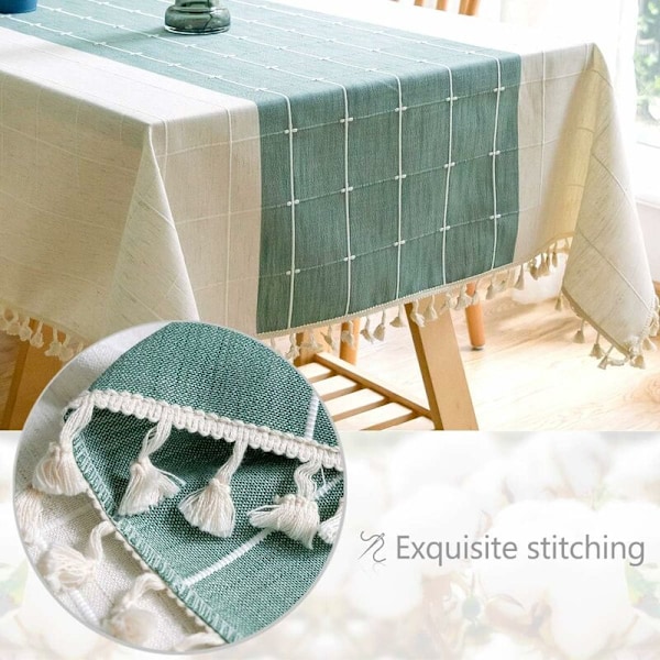 Solid Bomuld og Hør Rektangulært Dug Plaid Broderi Kvast Bomuld Hør Dug til Køkken Spisestue Bord Dekoration (140x140cm, Grøn)