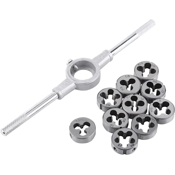 11 deler Tap og Die metrisk Die Nøkkel M25, 1 stk M25 Tap + 10 stk M6-M12 Tap Dies