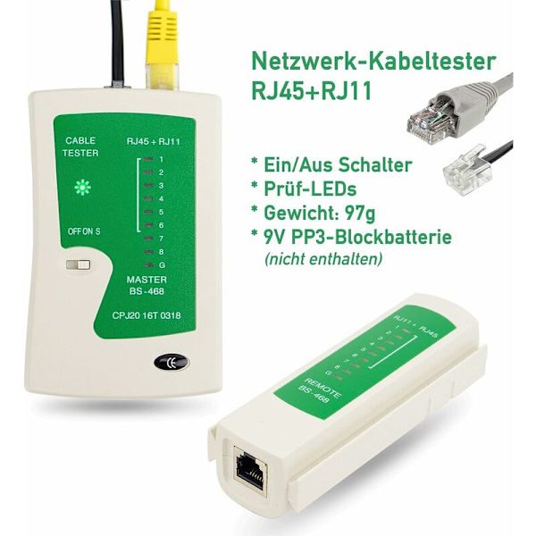 Netværkskabeltester til RJ45 og RJ11 kabler