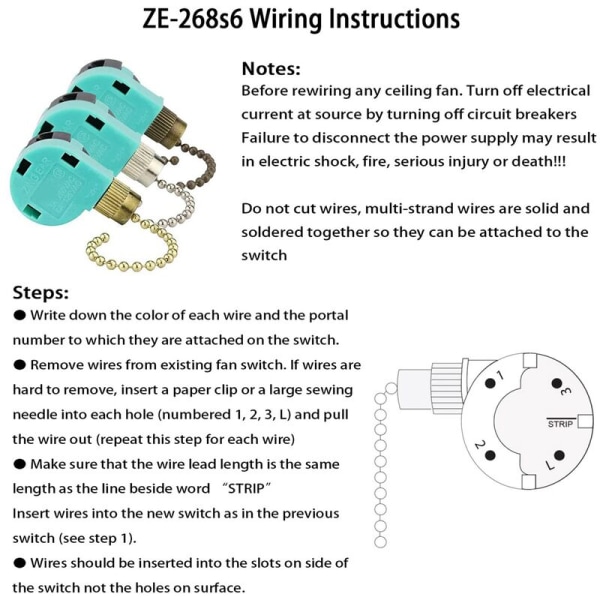 3 stk ZE-268S6 takviftebryter 3 hastigheter 4 ledninger for takvifter og vegglys erstatningskjedebryter
