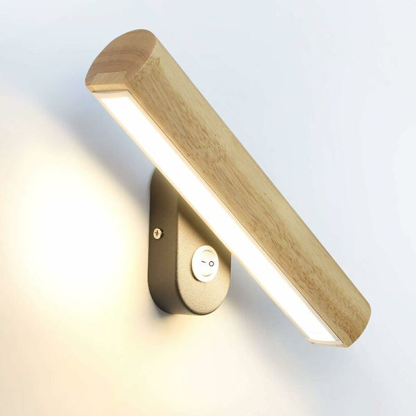 LED vägglampa i trä med strömbrytare, 360° svängbar, 6W sänglampa varmvit/kallvit/naturvit 3 i 1 omkopplingsbar, 32,5 cm för vardagsrum sovrum hall