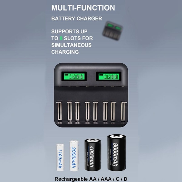 8-fack LCD-display USB Smart Batteriladdare för Uppladdningsbara AAA AA SC C D Storlek 1.2V Ni- Ni-Cd