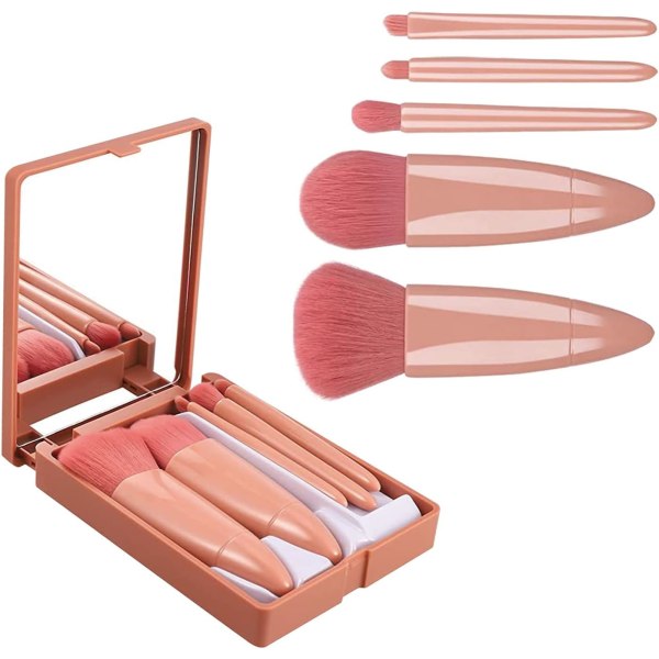 5-delt makeupbørstesæt med spejlhylster, bærbare makeupbørster (pink)
