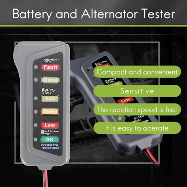 12V bilbatteri- og alternator-tester - og alternatorlading batteriladingstest (LED-indikasjon)