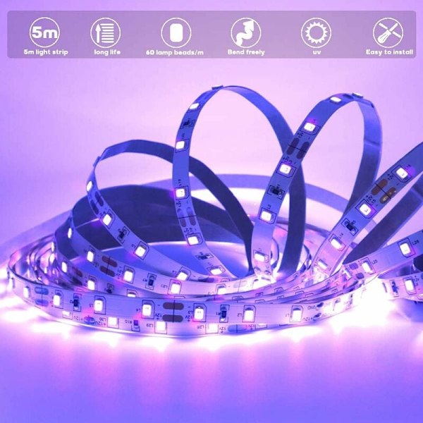 12V Svart UV Flexibel LED-remsa Set 5M 300leds IP20 300leds SMD2835 Lila Remsa Med Transformator/Strömkälla, för Inomhus Dekoration Festival, Jul