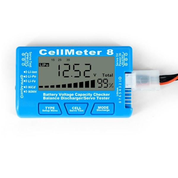 RC Cellmeter 8 Digital Batterikapasitetskontroll Tester Spenningstester for Li-Ion NiMH Nicd Cell Meter Blå