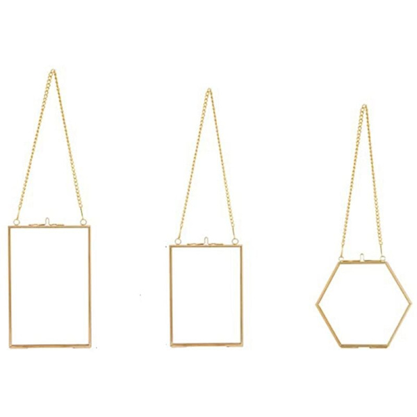 3 pakker pressede blomsterglasrammer - Guld hængende glasrammer med flydende kæder DIY kunstværksdisplayrammer