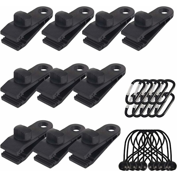 10-pack Tarpklämmor för utomhusbruk med canvasband & elastisk snodd + D-formad karbinhake för presenningar, markiser, camping, husvagn, bilöverdrag