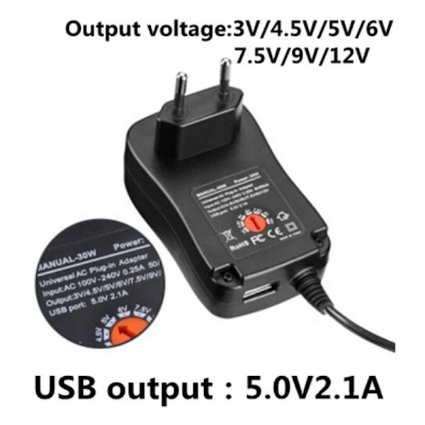 3V-12V 2.1A AC/DC Adapter Justerbar Strømforsyning Universal Adapter Oplader til CCTV LED Pære Bånd