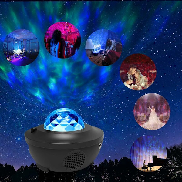Stjernehimmel-projektor, LED-stjerne/vann-bølge-stjerne-projektorlampe/Bluetooth-høyttaler perfekt for fest--