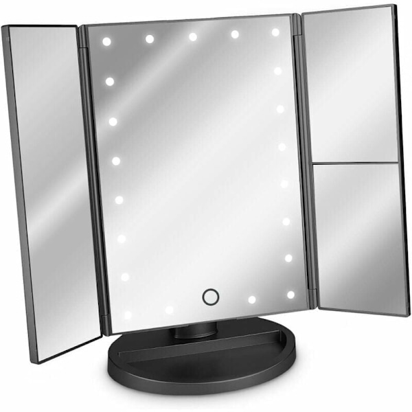 3-sidig LED-belyst spegel med stativ - Vikbar triptyk smink spegel på stativ med 2x3 förstoring - Batteri eller USB - Svart
