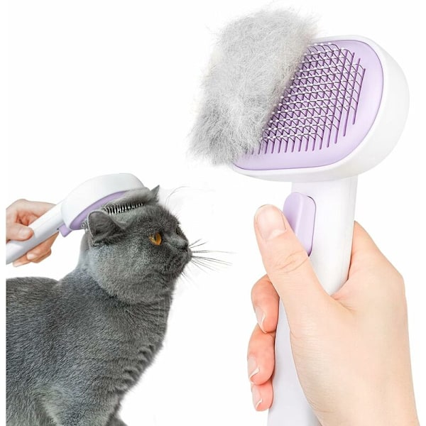 Børste til katte og hunde, selvrensende kattebørste til korthårede og langhårede katte og hunde i One-Touch design, fjerner effektivt op til 95% af dødt hår