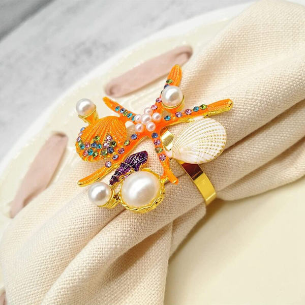 6 stk sett sjøstjerne serviettringer, perle rhinestone nautisk hav serviettringholder for bryllupsfest, borddekor, etc., oransje