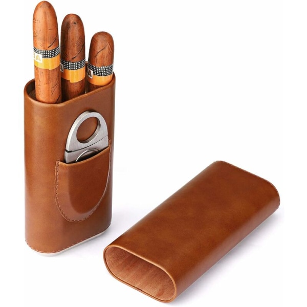 Høykvalitets 3-fingers sigarhumidor i brunt skinn foret med sedertre - sølv sigarkutter (brun),