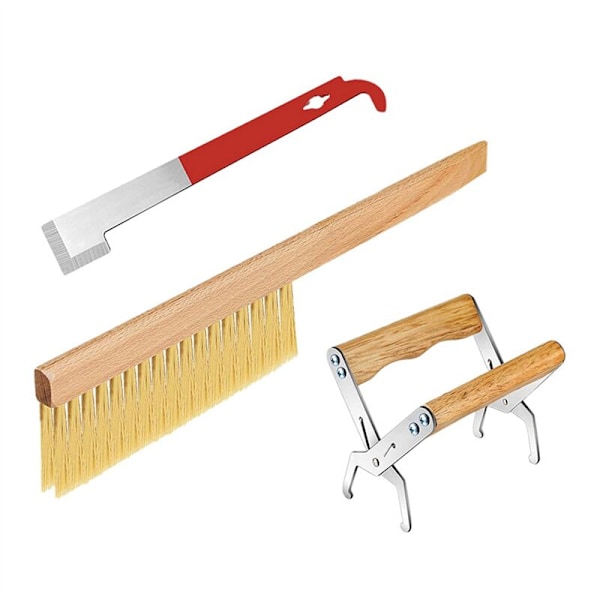 Beehive Tool for Beekeepers, Includes J-Hook Scraper, Beehive Frame Support Lifter, Wooden Beekeeping Brush