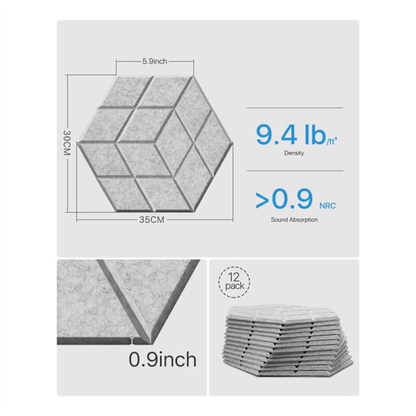 12-pack självhäftande ljudisolerade skumplattor 13,8 x 12 x 0,4 tum, för studios/inspelningsstudios/kontor, grå