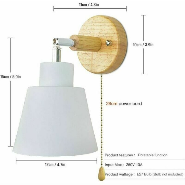 Vägglampa med dragströmbrytare 350° frirotation Modern Retro sänglampa Macaron trävägglampa E27 inomhusvägglampa Lämplig för vardagsrum och