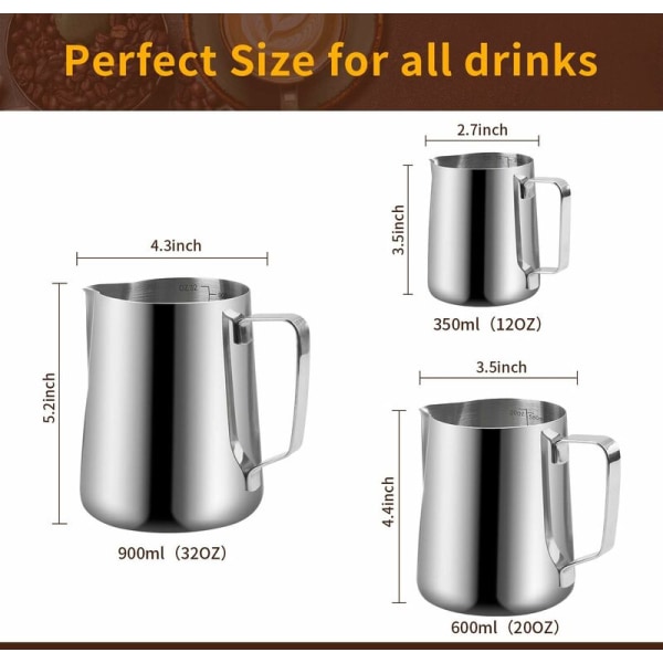 Barista Melkekanne i Rustfritt Stål 350ml (12oz) Melkekanne for Rustfritt Stål Kaffe Melkeskum Cappuccino og Latte (Sølv 12oz/350ml)-Fei Yu