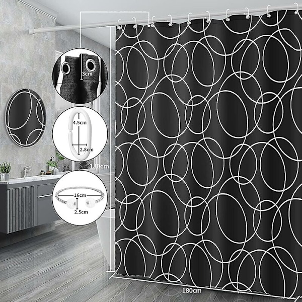Bruseforhæng Sort, Anti-Mould Proof Resistant, Vandtæt, Vægtede Sømme, Vaskbare Julebadeværelsesgardiner, 100% Polyester, 12 Kroge (100